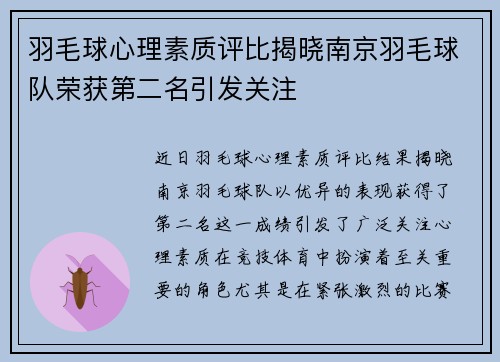 羽毛球心理素质评比揭晓南京羽毛球队荣获第二名引发关注